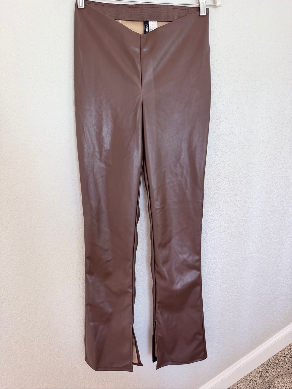 H&M Divided Faux Leather V-Waist Flare Pants Slit Hem Brown Size S
